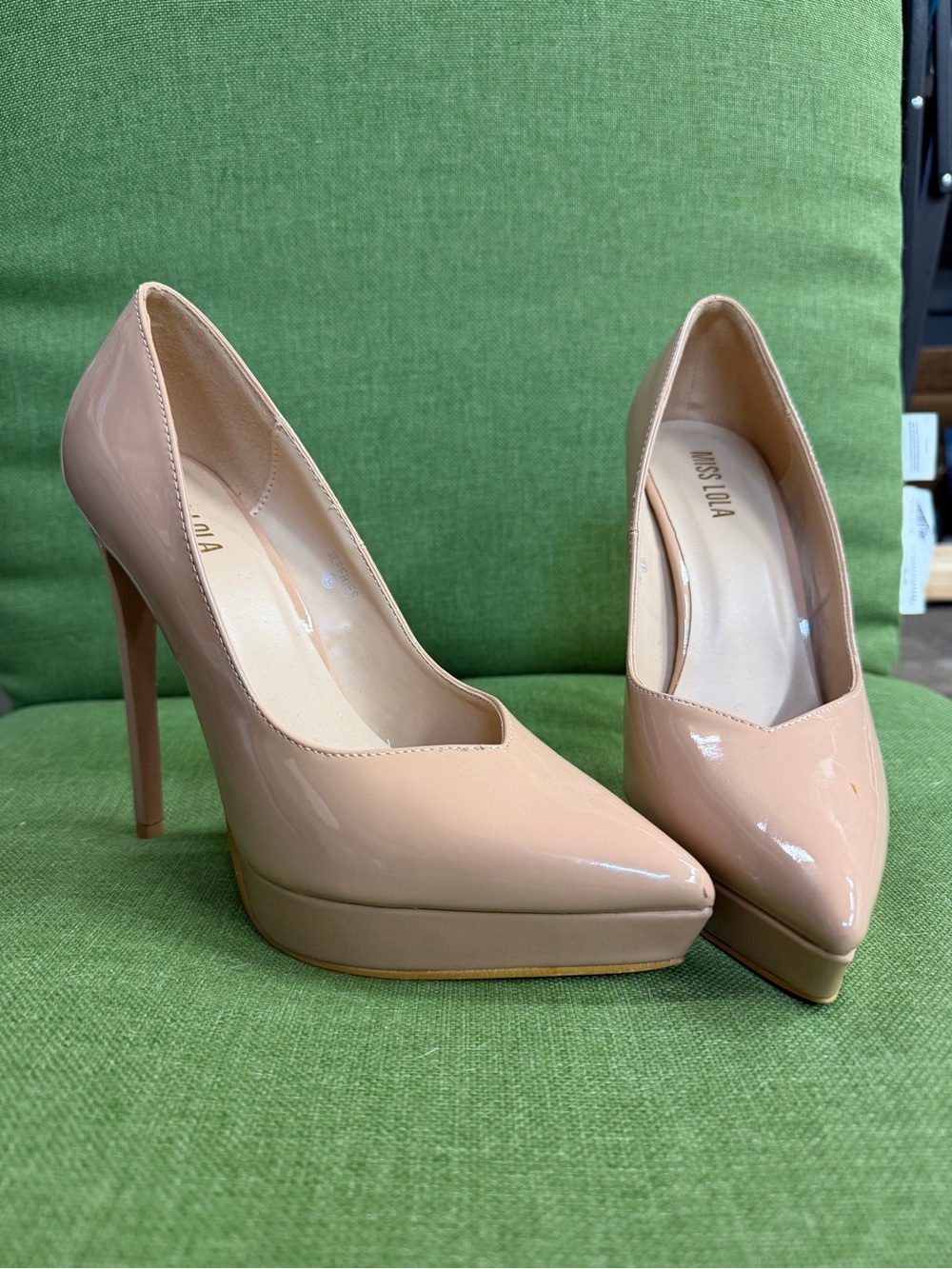Miss Lola Nude Patent Platform Stiletto Pumps